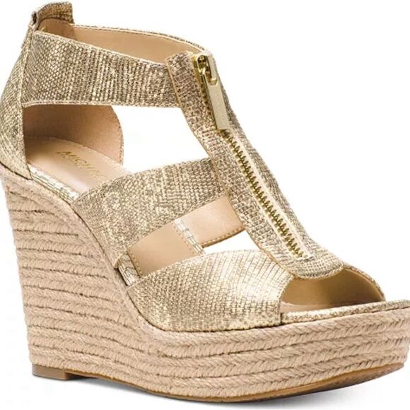 🌞Michael Kors Damita Tan Sand Canvas Zip Wedge Espadrille Platform Sandal Sz 8.5 - Picture 1 of 9